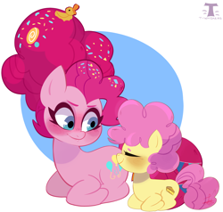 Size: 4388x4180 | Tagged: safe, artist:t-whiskers, imported from derpibooru, li'l cheese, pinkie pie, earth pony, pony, the last problem, blushing, duo, duo female, eyes closed, female, male, mama pinkie, messy mane, mother and child, mother and son, older, older pinkie pie, ponyloaf, rubber duck, simple background, sitting, white background