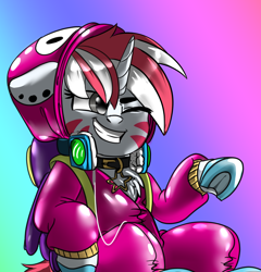 Size: 2072x2160 | Tagged: safe, artist:brainiac, imported from derpibooru, oc, oc:pink noise, pony, unicorn, clothes, cosplay, costume, cute, fall guys, female, kigurumi, mare, screencap reference, solo, spotify