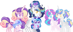 Size: 1024x446 | Tagged: safe, artist:ninjagobrony287, imported from derpibooru, princess cadance, princess flurry heart, shining armor, oc, oc:dilisso, oc:fiordaliso, oc:prince valiant, oc:trocadaro, alicorn, pegasus, pony, unicorn, alternate design, baby, baby pony, base used, colored pupils, colt, family, female, filly, male, mare, missing cutie mark, offspring, older, older flurry heart, parent:princess cadance, parent:shining armor, parents:shiningcadance, ponies riding ponies, pony hat, riding, shiningcadance, shipping, simple background, stallion, straight, transparent background