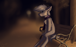 Size: 2305x1441 | Tagged: safe, artist:observerdoz, artist:toanderic, imported from derpibooru, double diamond, pony, alone, autumn, bench, clothes, collaboration, evening, male, night, park, scarf, sitting, solo, stallion, tree