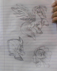 Size: 365x451 | Tagged: safe, imported from derpibooru, pear butter, rainbow dash, tempest shadow, pony, lined paper, traditional art