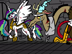 Size: 2048x1536 | Tagged: safe, artist:artmama113, imported from derpibooru, discord, princess celestia, alicorn, draconequus, pony, armor, chains, collar, crying, duo, female, hoof shoes, male, mare, prison, story included