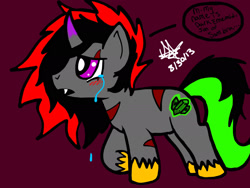 Size: 2048x1536 | Tagged: safe, artist:artmama113, imported from derpibooru, oc, oc only, oc:dark emerald, pony, colt, crying, eye scar, male, offspring, parent:king sombra, parent:oc:yaoilover, parents:canon x oc, raised hoof, scar, signature, simple background, solo, unshorn fetlocks