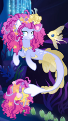 Size: 720x1280 | Tagged: safe, artist:ninjagobrony287, imported from derpibooru, oc, oc only, oc:halo, oc:suraya reef, fish, hybrid, seapony (g4), starfish, clam, female, jewelry, mare, necklace, pearl, pet oc, seashell, solo, underwater