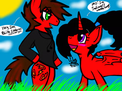Size: 2048x1536 | Tagged: safe, artist:artmama113, imported from derpibooru, oc, oc:blitz inferno, oc:yaoilover, alicorn, bat pony, bat pony alicorn, pony, bat pony oc, bat wings, bipedal, clothes, dialogue, duo, female, grass, horn, male, mare, signature, stallion, sun, wings