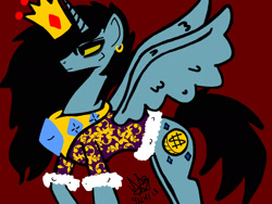 Size: 2048x1536 | Tagged: safe, artist:artmama113, imported from derpibooru, oc, oc only, alicorn, pony, alicorn oc, clothes, crown, ear piercing, earring, horn, jewelry, male, peytral, piercing, red background, regalia, signature, simple background, stallion, wings