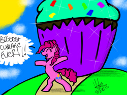 Size: 2048x1536 | Tagged: safe, artist:artmama113, imported from derpibooru, pinkie pie, earth pony, pony, bipedal, clothes, cloud, cupcake, eyes closed, female, food, mare, open mouth, outdoors, signature, smiling, sun, talking