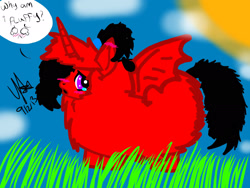 Size: 2048x1536 | Tagged: safe, artist:artmama113, imported from derpibooru, oc, oc:yaoilover, alicorn, bat pony, bat pony alicorn, pony, 1000 hours in ms paint, bat pony oc, bat wings, cloud, female, fluffy, grass, horn, mare, signature, sun, wings