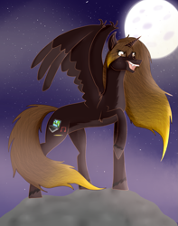 Size: 1251x1586 | Tagged: safe, artist:twin-fan, imported from derpibooru, oc, oc only, alicorn, pony, alicorn oc, full moon, horn, moon, night, nightmarified, open mouth, raised hoof, solo, stars, wings