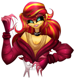 Size: 2659x2748 | Tagged: safe, artist:mywasasi, imported from derpibooru, sunset shimmer, equestria girls, black sclera, breasts, choker, claws, cleavage, clothes, coat, eyeshadow, grin, inverted eyes, lipstick, makeup, paper doll, simple background, smiling, solo, string, strings, sunset satan, transparent background