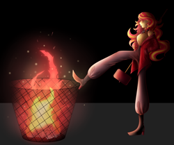 Size: 2705x2257 | Tagged: safe, artist:mywasasi, imported from derpibooru, sunset shimmer, equestria girls, boots, burning, choker, clothes, fiery shimmer, fire, hammer, jacket, lipstick, pants, shoes, shoulderless, solo, trash can