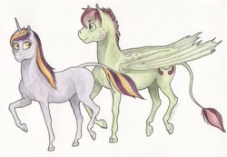 Size: 2941x2032 | Tagged: safe, artist:lady-limule, imported from derpibooru, oc, oc only, bat pony, pony, bat pony oc, bat wings, duo, female, leonine tail, mare, raised hoof, siblings, sisters, traditional art, wings