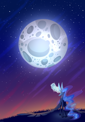 Size: 3360x4800 | Tagged: safe, artist:failissefaily, imported from derpibooru, princess luna, alicorn, pony, butt, ethereal mane, ethereal tail, full moon, glowing horn, horn, moon, moonbutt, plot, praise the moon, raising the moon, solo, wings, wings down