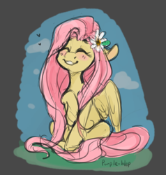 Size: 578x606 | Tagged: safe, artist:purple-blep, imported from derpibooru, fluttershy, pegasus, pony, cute, drawthread, eyes closed, female, flower, flower in hair, heart, mare, shyabetes, sitting, smiling, solo