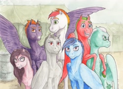 Size: 2967x2154 | Tagged: safe, artist:lady-limule, imported from derpibooru, oc, oc only, oc:blooming star, oc:drizzle, oc:silver fang, pony, angry, colored hooves, female, glasses, grin, male, mare, smiling, spread wings, stallion, traditional art, wings