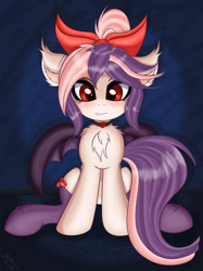 Size: 3475x4634 | Tagged: safe, artist:sethisto, imported from derpibooru, oc, oc only, oc:sweet velvet, bat pony, pony, bow, chest fluff, choker, clothes, cute, disgruntled, female, looking at you, mare, red eyes, sitting, socks, solo