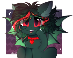 Size: 3800x3050 | Tagged: safe, artist:lazuli, artist:mint-light, imported from derpibooru, oc, oc only, bat pony, pony, bat pony oc, bat wings, cheek squish, chest fluff, collar, commission, ear fluff, fangs, open mouth, signature, simple background, smiling, solo, spread wings, squishy cheeks, transparent background, wings, ych result