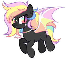 Size: 1490x1340 | Tagged: safe, artist:lazuli, artist:mint-light, imported from derpibooru, oc, oc only, bat pony, pony, bat pony oc, bat wings, choker, commission, flying, freckles, multicolored hair, rainbow eyes, rainbow hair, signature, simple background, solo, transparent background, vector, wings, ych result