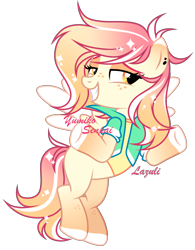 Size: 1844x2368 | Tagged: safe, artist:lazuli, artist:mint-light, imported from derpibooru, oc, oc only, pegasus, pony, bedroom eyes, clothes, commission, ear piercing, flying, freckles, grin, pegasus oc, piercing, shrug, signature, simple background, smiling, solo, transparent background, wings, ych result