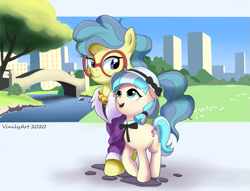 Size: 921x702 | Tagged: safe, artist:vinilyart, imported from derpibooru, charity kindheart, coco pommel, earth pony, pony, made in manehattan, bowtie, cute, duo, female, filly, filly coco pommel, glasses, hat, looking at each other, mare, ribbon bow tie, smiling, string tie, younger