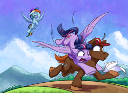 Size: 2000x1456 | Tagged: safe, artist:tsitra360, imported from derpibooru, rainbow dash, twilight sparkle, oc, oc:artsy, alicorn, earth pony, pegasus, commission, crash, facehoof, flying lesson, hat, lucky bastard, paper, pencil, rainbow dashs coaching whistle, this will end in pain, twilight sparkle (alicorn), whistle