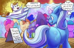 Size: 2000x1308 | Tagged: safe, artist:tsitra360, imported from derpibooru, trixie, oc, oc:vanilla beam, earth pony, unicorn, butt, canon x oc, clothes, commission, crowd, featureless crotch, freckles, glowing horn, hanging by tail, hat, horn, levitation, magic, magician, micro, plot, shrunk, strategically covered, sweat, tail censor, telekinesis, the great and powerful ass, thought bubble, trixie's hat