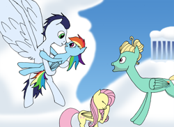 Size: 1486x1080 | Tagged: safe, artist:soks777, imported from derpibooru, fluttershy, rainbow dash, soarin', zephyr breeze, cloudsdale, facehoof, female, holding, male, shipping, soarindash, straight