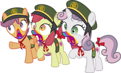 Size: 1154x696 | Tagged: safe, artist:sollace, derpibooru exclusive, imported from derpibooru, apple bloom, scootaloo, sweetie belle, 28 pranks later, .svg available, badge, clothes, cookie zombie, cutie mark crusaders, derp, filly guides, open mouth, raised leg, scout uniform, scoutaloo, simple background, svg, transparent background, trio, vector