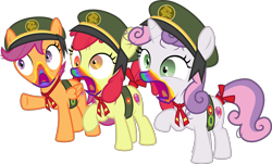 Size: 6627x4000 | Tagged: safe, alternate version, artist:sollace, derpibooru exclusive, imported from derpibooru, apple bloom, scootaloo, sweetie belle, 28 pranks later, .svg available, badge, clothes, cookie zombie, cutie mark crusaders, derp, filly guides, open mouth, raised leg, scout uniform, scoutaloo, simple background, transparent background, trio, vector