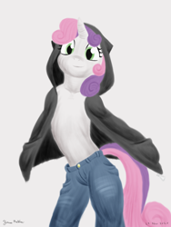 Size: 1800x2400 | Tagged: safe, artist:rockhoppr3, imported from derpibooru, sweetie belle, anthro, semi-anthro, unicorn, arm hooves, clothes, hand in pocket, hands in pockets, hoodie, hooves in pockets, jeans, looking at you, pants, partial nudity, solo, topless