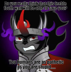 Size: 1023x1034 | Tagged: artist needed, safe, imported from derpibooru, king sombra, pony, breaking the fourth wall, caption, fourth wall, glare, gritted teeth, image macro, insult, looking at you, male, meme, menacing, mispelling, scary, solo, teeth, text, the fourth wall cannot save you