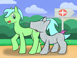 Size: 2048x1556 | Tagged: safe, artist:wingcommanderrudoji, imported from derpibooru, oc, oc only, oc:contrail, oc:knave, earth pony, bandage, bondage, burned, gay, injured, male, medical bondage, muffled words, mummification, mummified, pain star