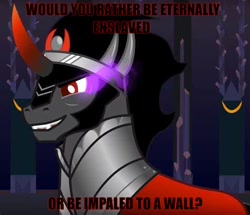 Size: 474x408 | Tagged: safe, edit, imported from derpibooru, king sombra, caption, cruel, cruel and unusual punishment, evil grin, grin, meme, oh god no, smiling, text, why