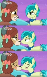 Size: 1853x3026 | Tagged: safe, edit, edited screencap, imported from derpibooru, screencap, sandbar, yona, earth pony, pony, yak, she's all yak, blushing, bowtie, discovery family logo, duo, female, interspecies, kiss edit, kissing, male, monkey swings, shipping, straight, treehouse of harmony, yonabar