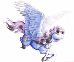 Size: 2903x2453 | Tagged: safe, artist:lady-limule, imported from derpibooru, oc, oc only, pegasus, pony, flying, goggles, pegasus oc, solo, traditional art, wings