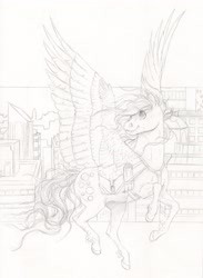 Size: 2418x3303 | Tagged: safe, artist:chasingthesilverstag, artist:lady-limule, imported from derpibooru, derpy hooves, pegasus, pony, collaboration, female, flying, lineart, mare, monochrome, solo, traditional art