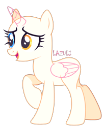 Size: 1896x2304 | Tagged: safe, artist:lazuli, artist:mint-light, imported from derpibooru, oc, oc only, alicorn, pony, alicorn oc, bald, base, eyelashes, heterochromia, horn, open mouth, raised hoof, signature, simple background, smiling, solo, transparent background, wings