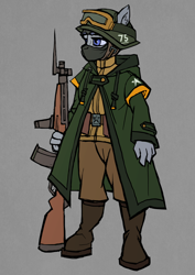 Size: 2480x3508 | Tagged: safe, artist:tass_the_bovine, imported from derpibooru, anthro, yak, alternate timeline, alternate universe, cloaks, dieselpunk, dieselpunk equestria, gun, solo, weapon, yakponia, yakponian