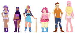 Size: 3085x1353 | Tagged: safe, artist:andressuperhell, artist:andrewbebi, artist:smol_andriusha, imported from derpibooru, applejack, fluttershy, pinkie pie, rainbow dash, rarity, twilight sparkle, human, baseball bat, clothes, converse, dark skin, female, hat, humanized, mane six, shoes, simple background, skirt, torn clothes, white background