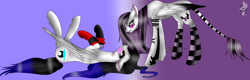 Size: 3734x1200 | Tagged: safe, artist:minelvi, artist:purpleplague30, imported from derpibooru, oc, oc only, pegasus, pony, clothes, collaboration, duo, eyelashes, leonine tail, lying down, on back, pegasus oc, socks, striped socks, wings