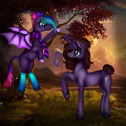 Size: 1080x1080 | Tagged: safe, artist:rxndxm.artist, imported from derpibooru, oc, oc only, bat pony, pony, unicorn, bat pony oc, bat wings, clothes, duo, glowing horn, horn, magic, outdoors, raised hoof, socks, sunset, telekinesis, tree, unicorn oc, wings