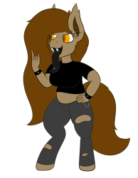 Size: 1668x2150 | Tagged: safe, artist:yannerino, imported from derpibooru, oc, oc only, oc:yan, anthro, bat pony, anthro oc, black tongue, bracelet, clothes, devil horn (gesture), fangs, female, jewelry, long tongue, midriff, pants, piercing, ripped pants, shirt, short shirt, simple background, solo, tongue out, tongue piercing, torn clothes, transparent background