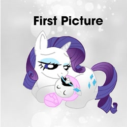 Size: 759x759 | Tagged: safe, artist:rxndxm.artist, imported from derpibooru, rarity, oc, oc:shooting star, pony, unicorn, baby, baby pony, bedroom eyes, eyelashes, eyes closed, female, lying down, mare, prone, sleeping, swaddling