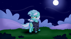 Size: 7559x4157 | Tagged: safe, artist:background basset, imported from derpibooru, lyra heartstrings, pony, unicorn, fanfic:background pony, bush, clothes, dig the swell hoodie, female, hoodie, mare, moon, night, solo, tired, wind