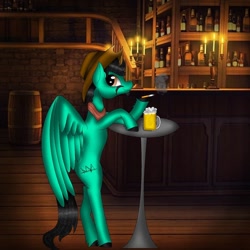 Size: 1080x1080 | Tagged: safe, artist:rxndxm.artist, imported from derpibooru, oc, oc only, pegasus, pony, alcohol, bar, beer, bipedal, cigarette, facial hair, hat, hoof hold, indoors, male, moustache, pegasus oc, smiling, smoking, solo, stallion, wings