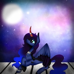 Size: 1080x1080 | Tagged: safe, artist:rxndxm.artist, imported from derpibooru, oc, oc only, alicorn, pony, alicorn oc, collar, curved horn, ethereal mane, horn, horn ring, jewelry, lying down, prone, ring, smiling, solo, starry mane, two toned wings, wings