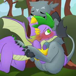 Size: 1040x1040 | Tagged: safe, artist:peppertech, artist:techgear, imported from derpibooru, gabby, spike, dragon, griffon, background, boop, cheering up, cuddling, cute, female, fluffy, fluffy griffon, gabbybetes, kneeling, male, paw pads, paws, shipping, spabby, spread wings, straight, toe beans, underpaw, wings