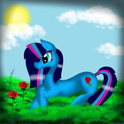 Size: 1080x1080 | Tagged: safe, artist:rxndxm.artist, imported from derpibooru, oc, oc only, earth pony, pony, cloud, earth pony oc, flower, grass, lying down, outdoors, prone, rose, solo