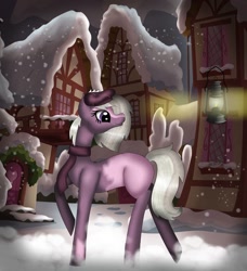 Size: 1080x1186 | Tagged: safe, artist:rxndxm.artist, imported from derpibooru, oc, oc only, earth pony, pony, beret, building, clothes, earth pony oc, hat, lantern, looking back, night, outdoors, raised hoof, scarf, snow, snowfall, solo