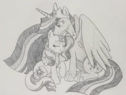 Size: 640x480 | Tagged: safe, artist:mossheartlesbian, imported from derpibooru, sunset shimmer, twilight sparkle, alicorn, unicorn, the last problem, female, hug, lesbian, pencil drawing, princess twilight 2.0, shipping, size difference, sunsetsparkle, traditional art, twilight sparkle (alicorn)